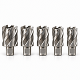 Drillmate DMHB01 five imperial mini annular cutters, neatly aligned with matching front-facing shank flats and flute orientation.