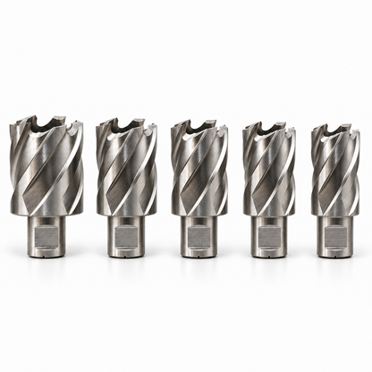 Drillmate DMHB01 five imperial mini annular cutters, neatly aligned with matching front-facing shank flats and flute orientation.