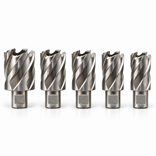 Drillmate DMHB01 five imperial mini annular cutters, neatly aligned with matching front-facing shank flats and flute orientation.