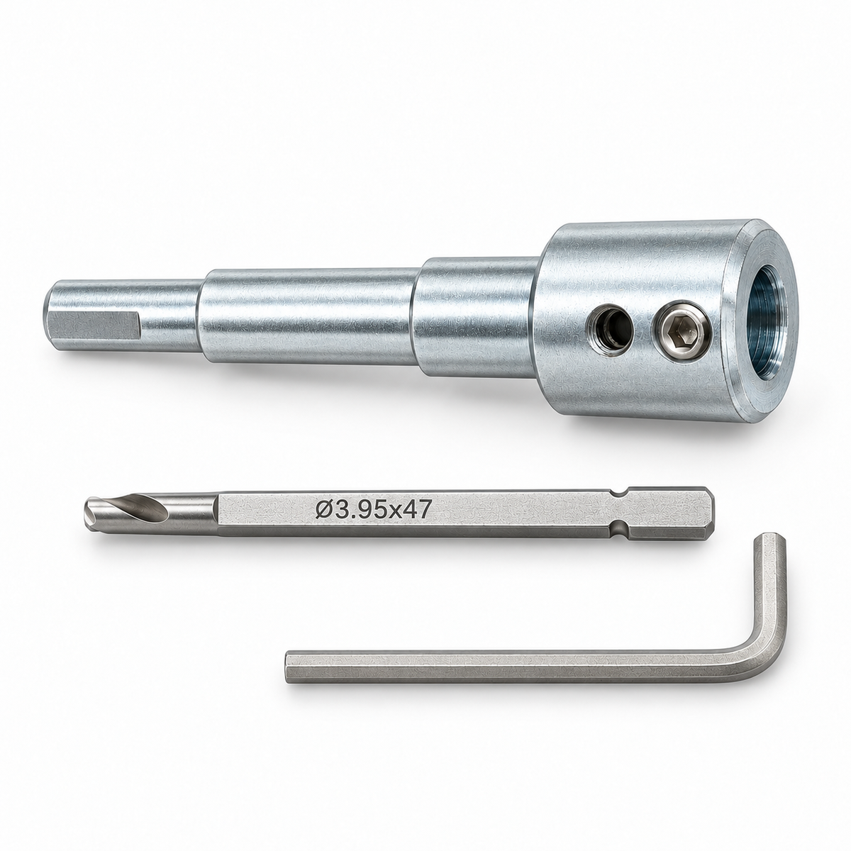 Drillmate DMHB01 stepped arbour, pilot ejector pin and single Allen key, clean studio detail on white.
