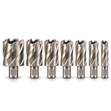 Seven Drillmate DMHB702 metric mini annular cutters, neatly aligned largest to smallest.
