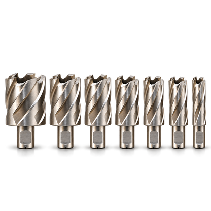 Seven Drillmate DMHB702 metric mini annular cutters, neatly aligned largest to smallest.