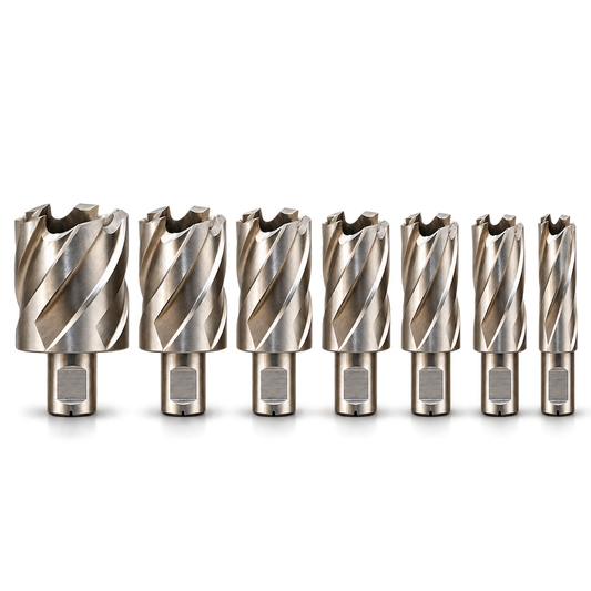 Seven Drillmate DMHB702 metric mini annular cutters, neatly aligned largest to smallest.