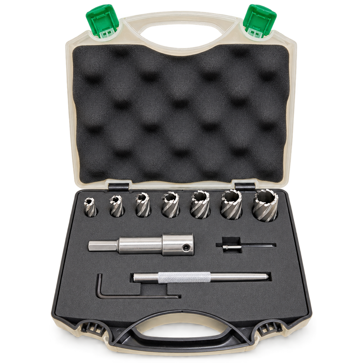 Drillmate DMHB702 metric cutter kit in its open foam-lined carry case with seven cutters, arbour, pin, centre punch and Allen key.