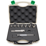 Drillmate DMHB702 metric cutter kit in its open foam-lined carry case with seven cutters, arbour, pin, centre punch and Allen key.