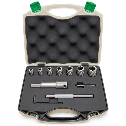Drillmate DMHB702 metric cutter kit in its open foam-lined carry case with seven cutters, arbour, pin, centre punch and Allen key.