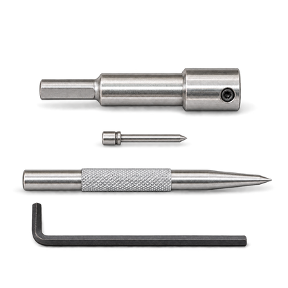 Drillmate DMHB702 arbour, small pin, knurled centre punch and Allen key displayed separately.
