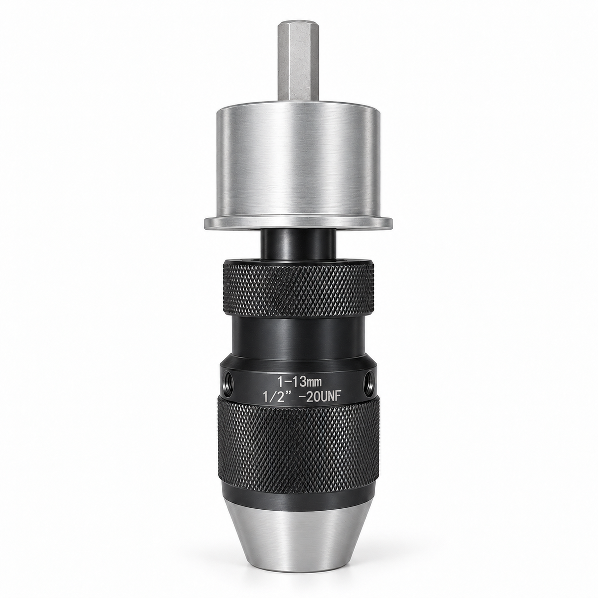 Drillmate DMKIT1 43mm bearing mount, spindle and 1–13mm keyless chuck on white.