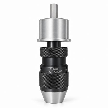 Drillmate DMKIT1 43mm bearing mount, spindle and 1–13mm keyless chuck on white.