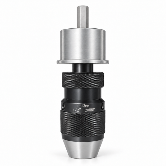 Drillmate DMKIT1 43mm bearing mount, spindle and 1–13mm keyless chuck on white.