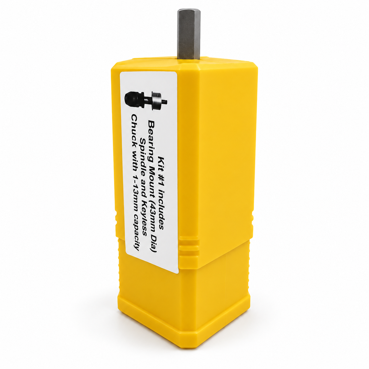 Drillmate DMKIT1 mounting kit in its yellow storage case.