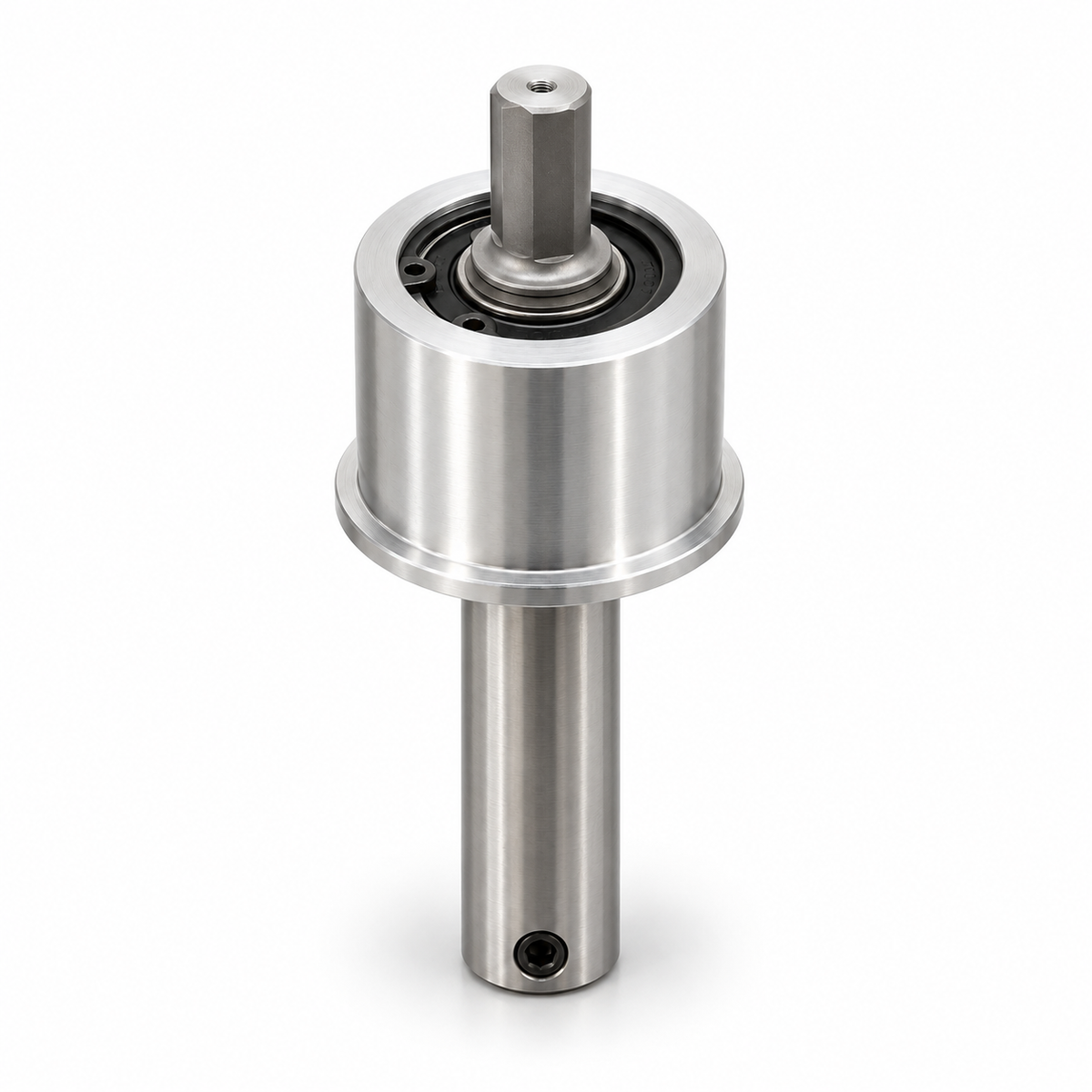 Drillmate DMKIT2 43mm bearing mount and mini arbour spindle, upright studio view on white.