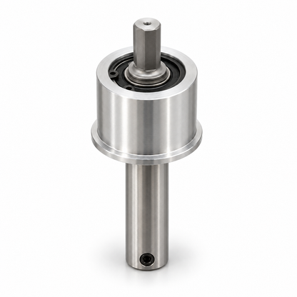 Drillmate DMKIT2 43mm bearing mount and mini arbour spindle, upright studio view on white.