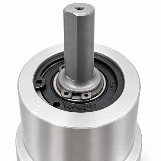 Drillmate DMKIT2 flat-sided silver drive with central threaded hole, 6002RS bearing and retaining circlips, studio close-up.
