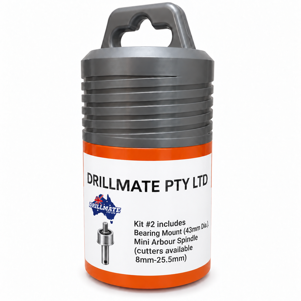 Drillmate DMKIT2 orange storage tube with grey ribbed lid and carry handle, clean white Kit 2 label and correct spindle illustration.