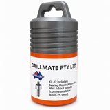 Drillmate DMKIT2 orange storage tube with grey ribbed lid and carry handle, clean white Kit 2 label and correct spindle illustration.