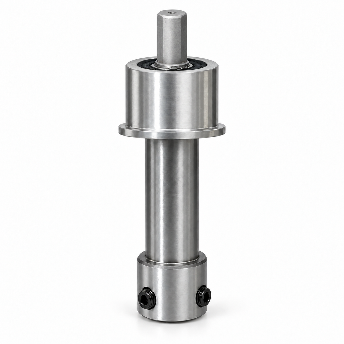 Drillmate DMKIT3 bearing mount and arbour with silver machined drive and threaded top hole, upright view.