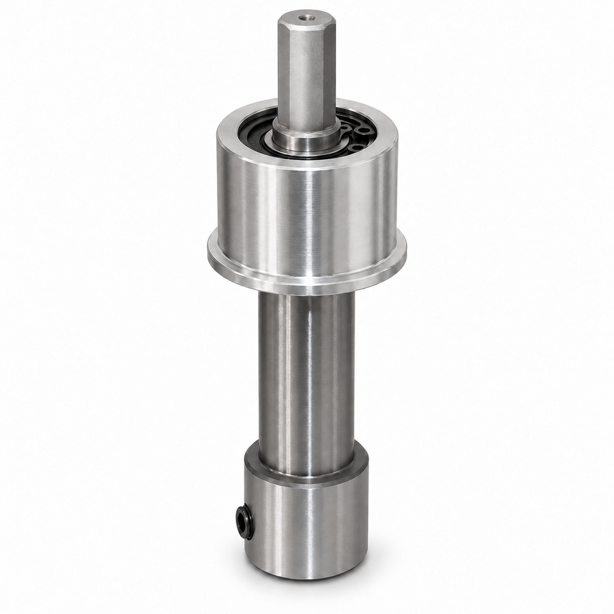 Drillmate DMKIT3 bearing mount and arbour with silver machined drive and threaded top hole, reverse view.