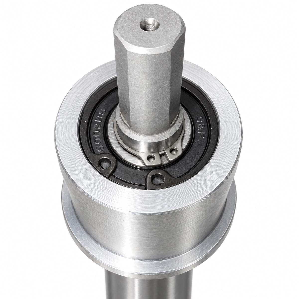 Drillmate DMKIT3 silver machined drive, threaded axial hole, bearing seal and retaining clips, close-up.