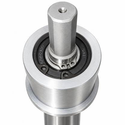 Drillmate DMKIT3 silver machined drive, threaded axial hole, bearing seal and retaining clips, close-up.