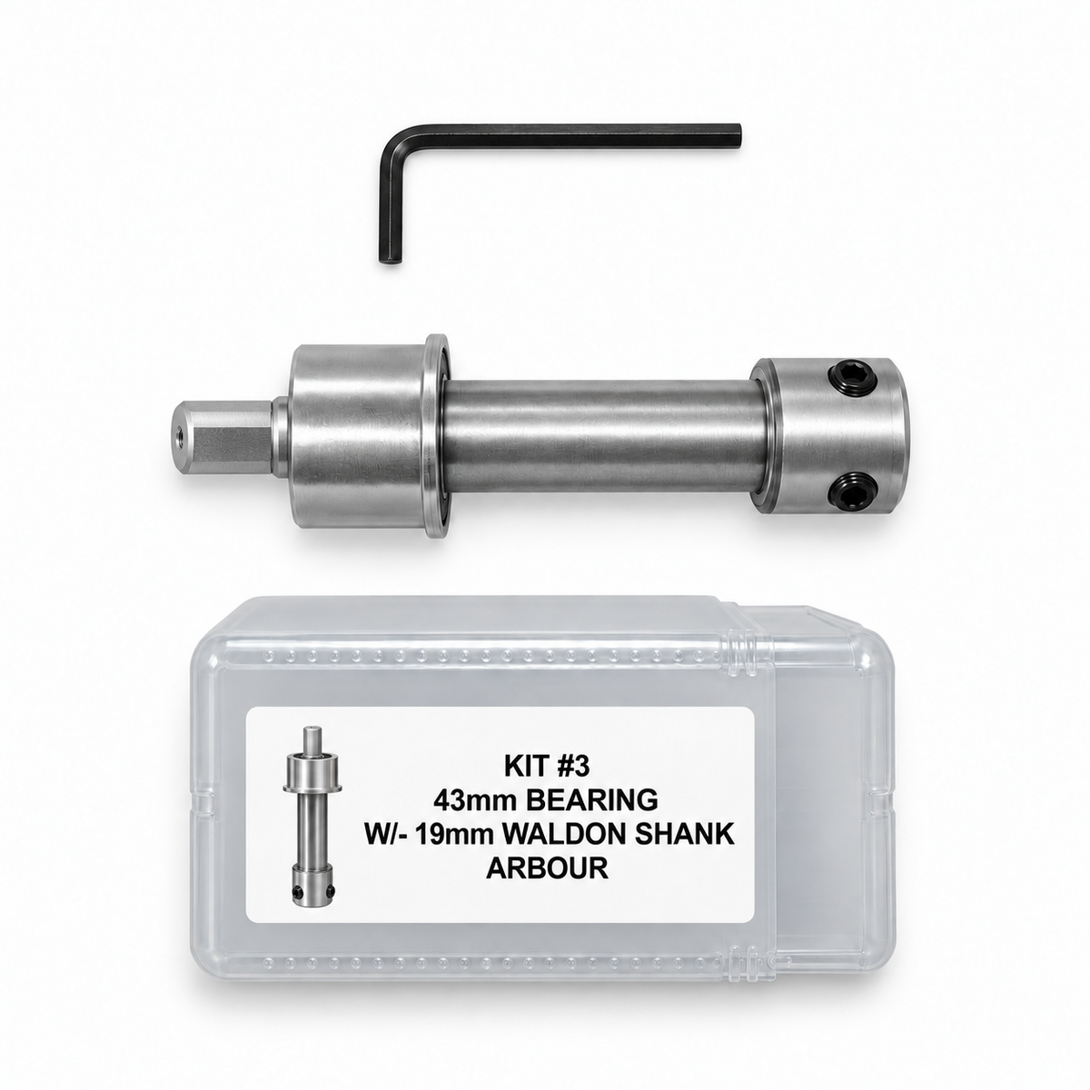 Drillmate DMKIT3 silver machined-drive arbour, Allen key and labelled grey case, studio kit overview.