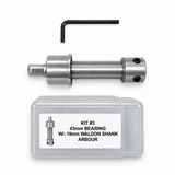 Drillmate DMKIT3 silver machined-drive arbour, Allen key and labelled grey case, studio kit overview.