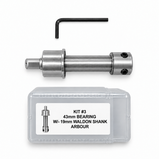 Drillmate DMKIT3 silver machined-drive arbour, Allen key and labelled grey case, studio kit overview.