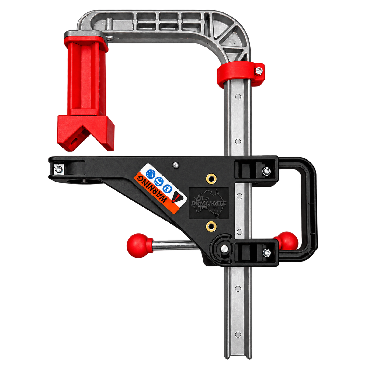 Drillmate portable drill press frame, reverse side with warning label