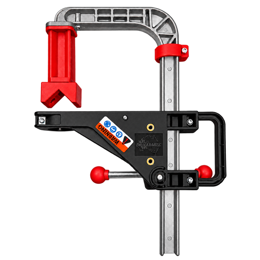 Drillmate portable drill press frame, reverse side with warning label