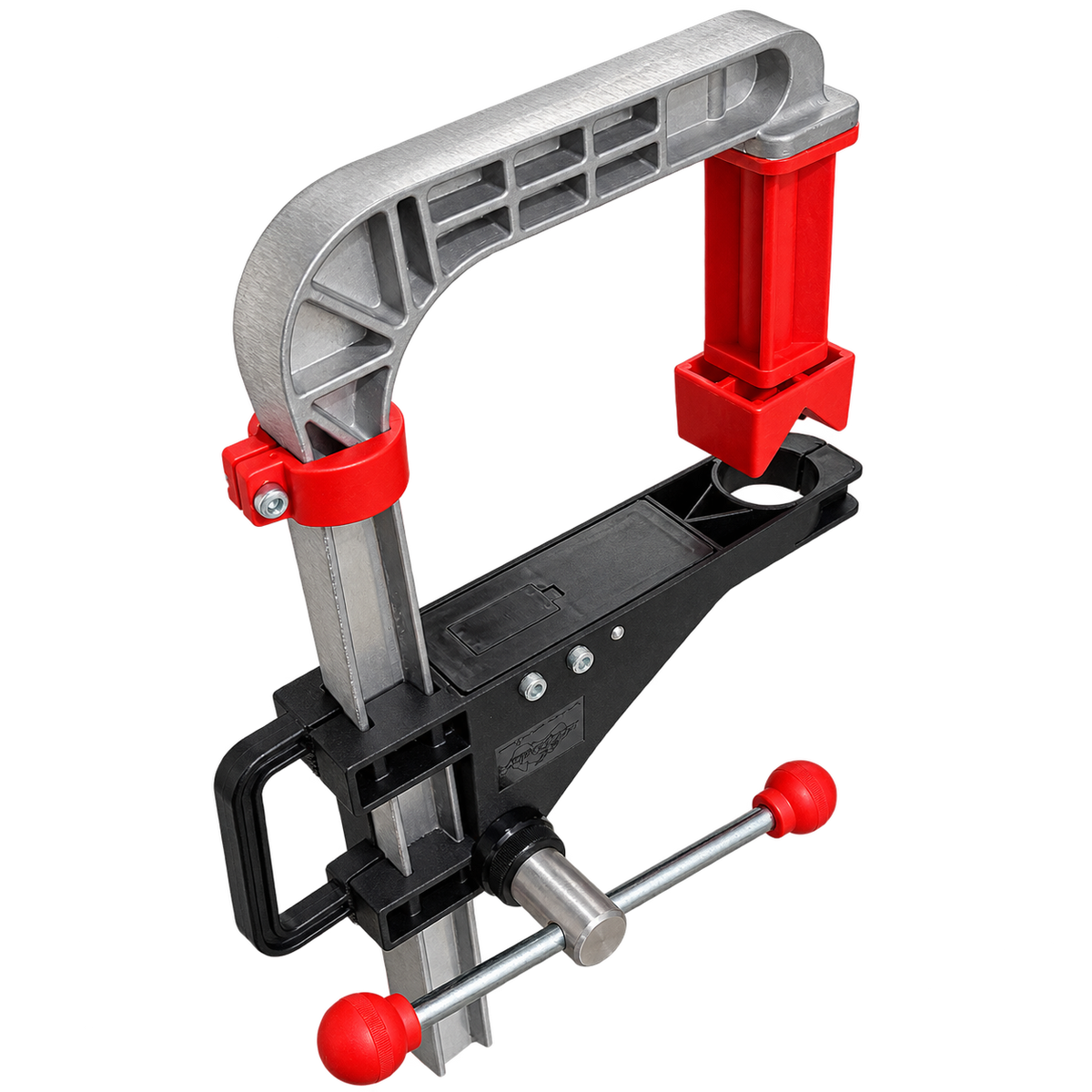 Drillmate portable drill press frame, overhead control-side view