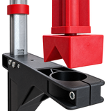 Drillmate red V-jaw and circular drill mounting collar close-up