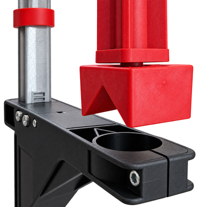 Drillmate red V-jaw and circular drill mounting collar close-up