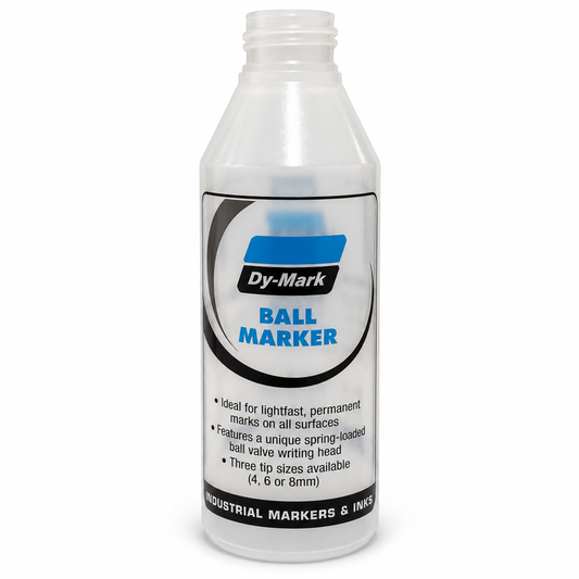 Dy-Mark refillable ball marker bottle, front view with clear label and open threaded neck
