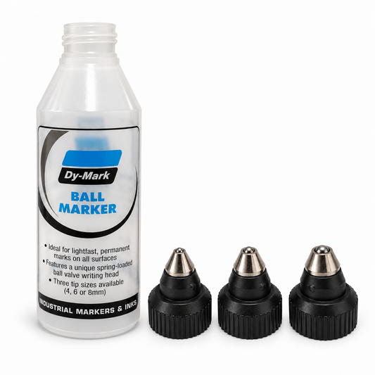 Dy-Mark refillable ball marker bottle with separate 4 mm, 6 mm and 8 mm tip options shown beside it