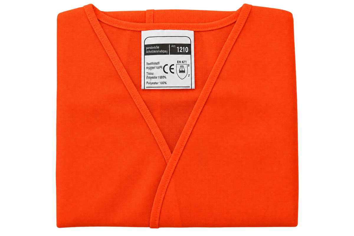 A folded bright orange V-neck knit top with a white size and care label inside the collar, shown on a plain white background.