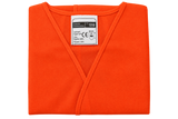 A folded bright orange V-neck knit top with a white size and care label inside the collar, shown on a plain white background.