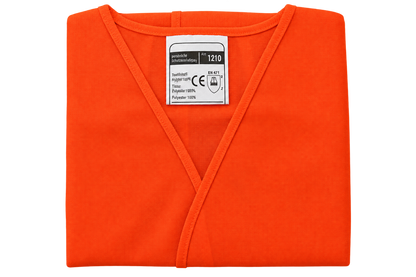 A folded bright orange V-neck knit top with a white size and care label inside the collar, shown on a plain white background.