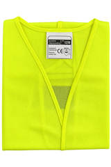A folded neon yellow high-visibility fabric garment with a white product label attached near the neckline, shown on a plain white background.