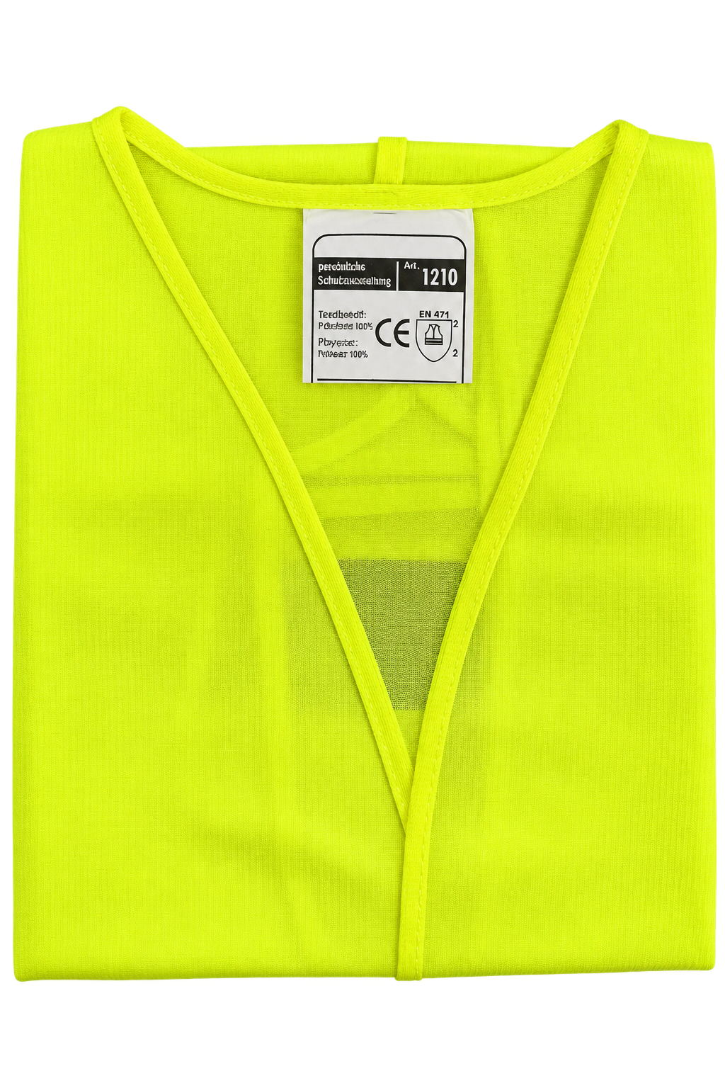 A folded neon yellow high-visibility fabric garment with a white product label attached near the neckline, shown on a plain white background.