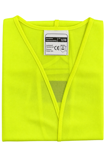A folded neon yellow high-visibility fabric garment with a white product label attached near the neckline, shown on a plain white background.