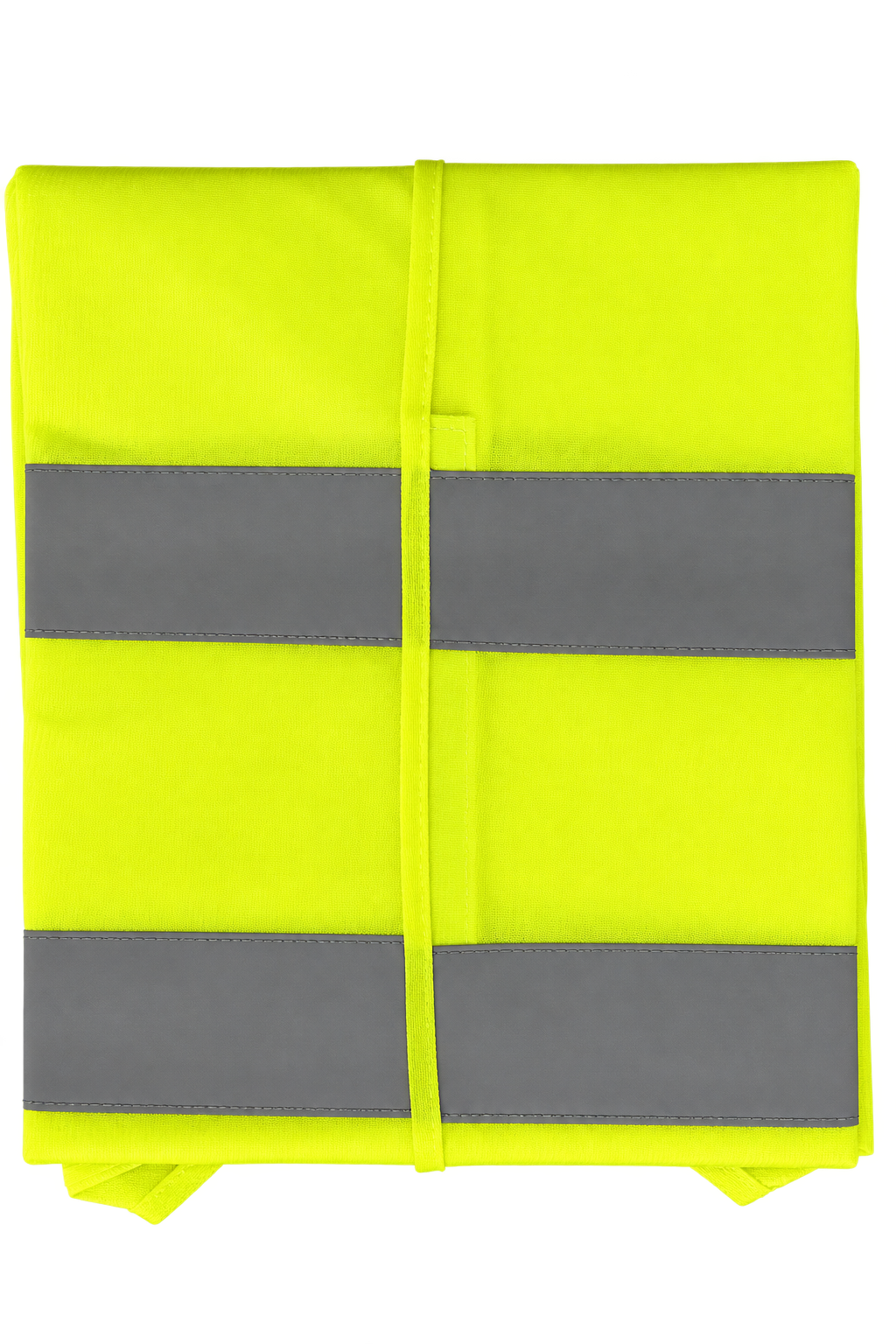 A folded high-visibility safety vest in bright fluorescent yellow-green with four large gray reflective strips, shown on a plain white background.