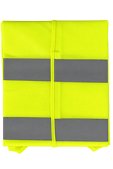 A folded high-visibility safety vest in bright fluorescent yellow-green with four large gray reflective strips, shown on a plain white background.