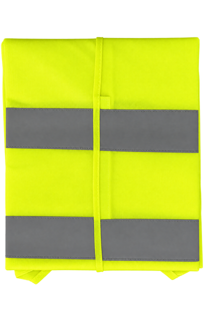 A folded high-visibility safety vest in bright fluorescent yellow-green with four large gray reflective strips, shown on a plain white background.