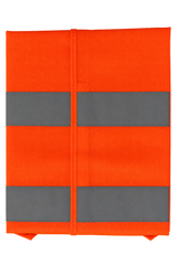 An orange high-visibility safety vest or cover folded flat, featuring two vertical gray reflective stripes and a horizontal gray reflective stripe across the center, shown on a plain white background.
