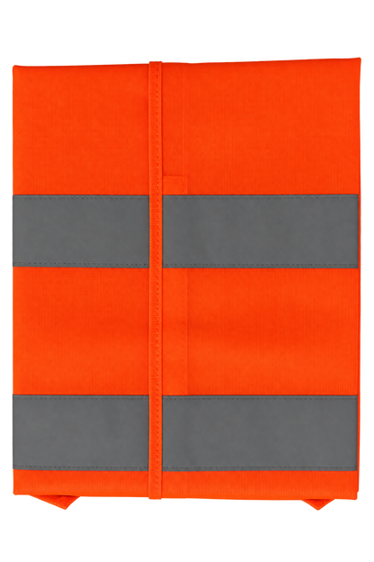An orange high-visibility safety vest or cover folded flat, featuring two vertical gray reflective stripes and a horizontal gray reflective stripe across the center, shown on a plain white background.