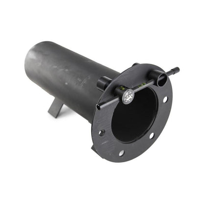 Flange Wizard 38240 threaded-pin flange aligner installed across the top holes of a pipe flange, showing the horizontal and vertical bubble levels.