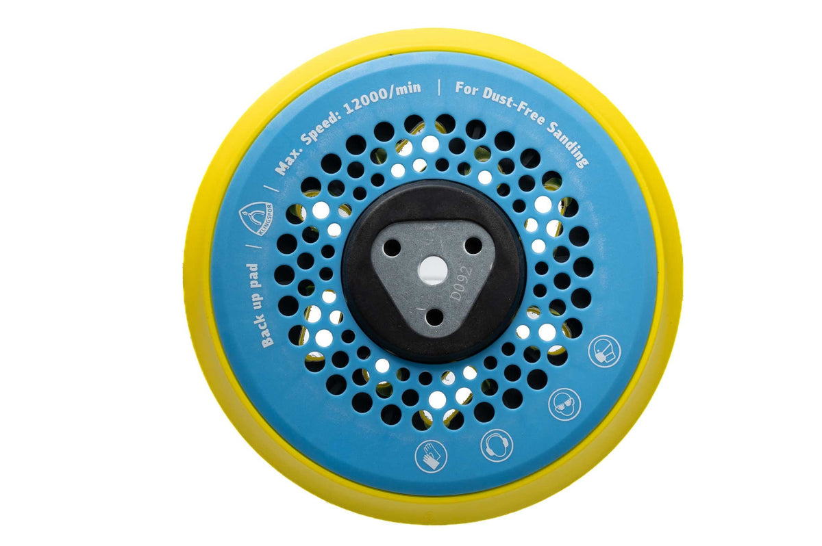 Klingspor HST 545 384003 150mm medium backing pad, rear view showing multi-hole extraction pattern and central mounting plate