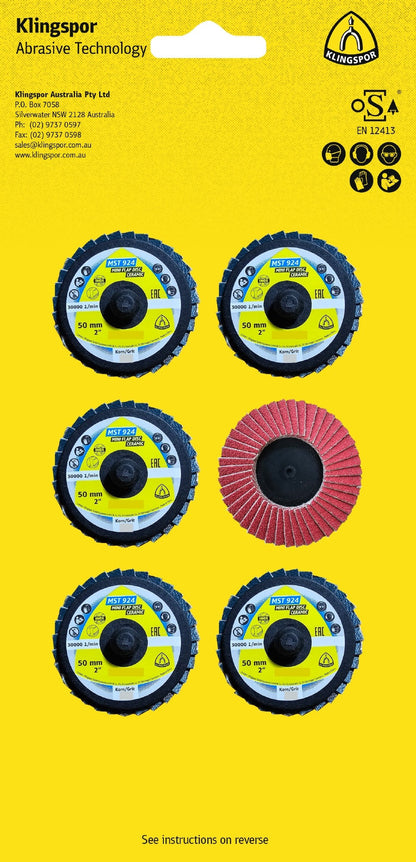 Klingspor MST 924 Special 671316 50mm mixed-grit retail pack, showing ceramic abrasive faces and Quick Roll Connect backs