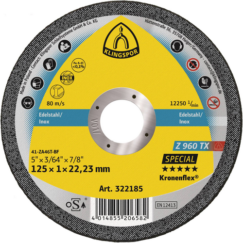 Klingspor Z 960 TX Special cutting disc, Art. 322185, 125 x 1 x 22.23mm, front view showing product label and bore.