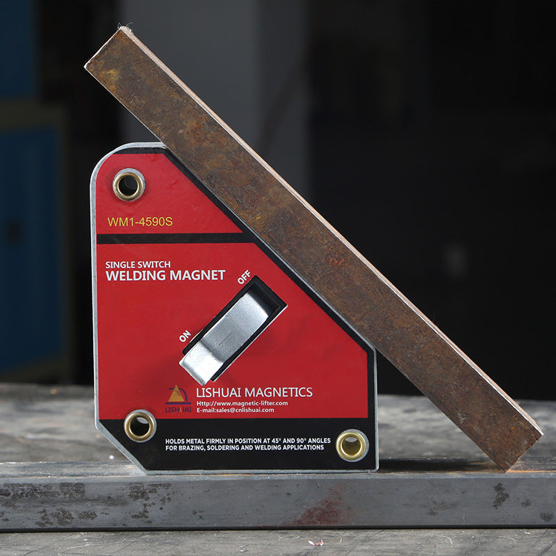 LISHUAI WM1-4590S welding magnet holding a steel section at 45 degrees